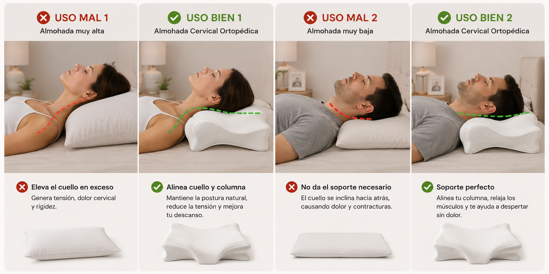 Uso correcto vs incorrecto de la almohada cervical